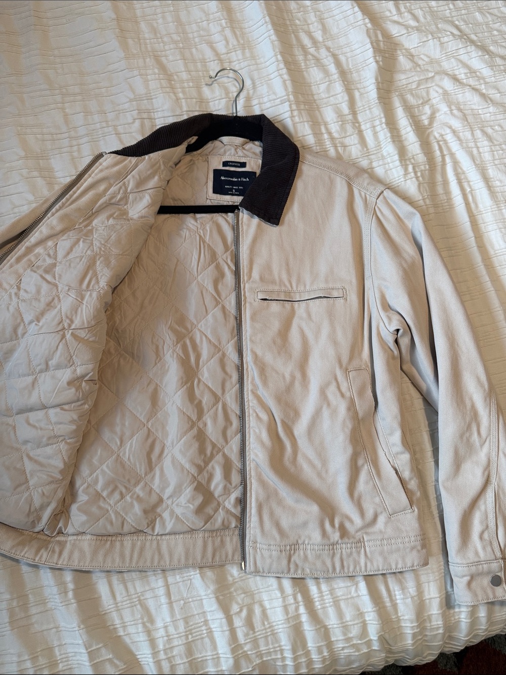Abercrombie & Fitch Cream Zip Barn Jacket with Dark Brown Collar